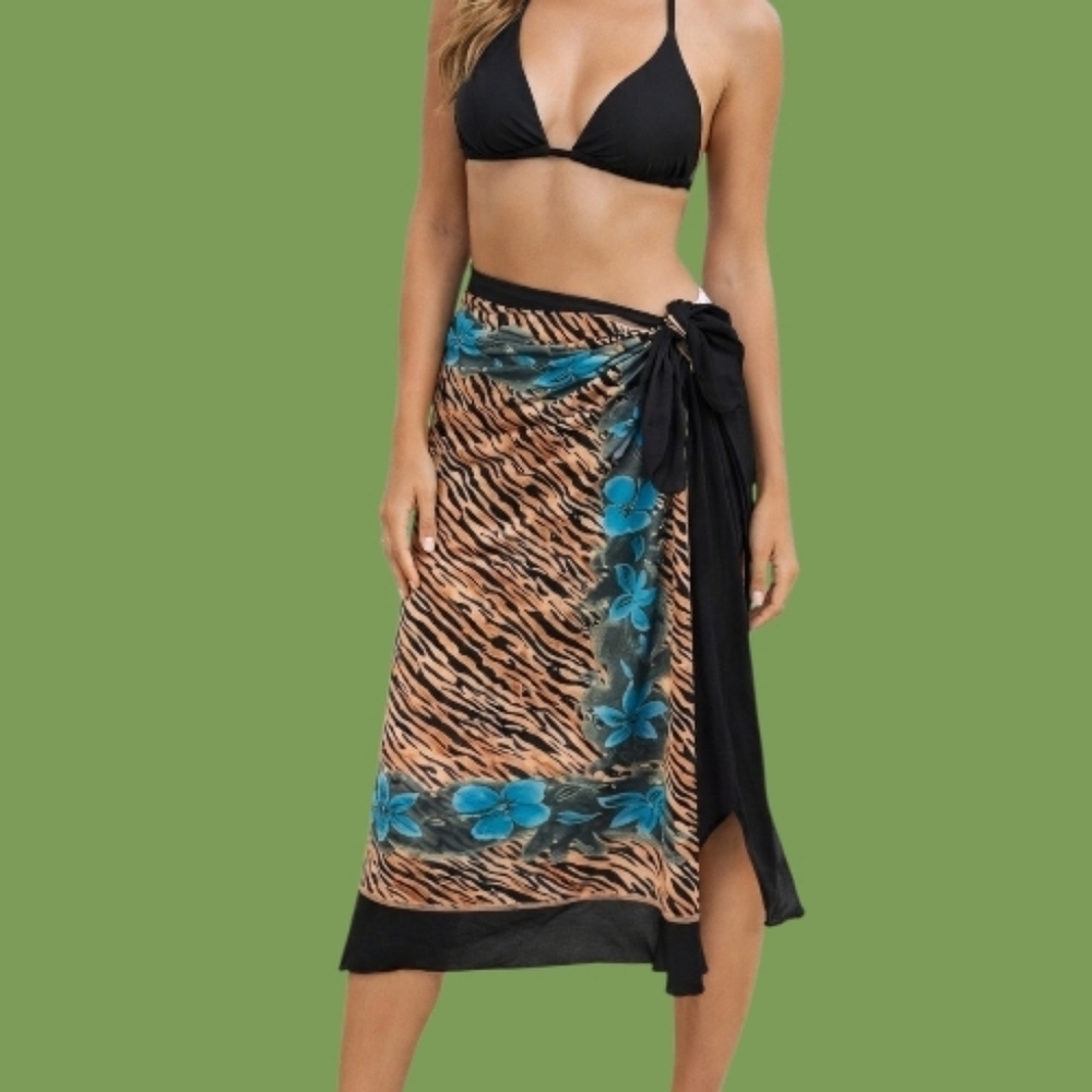 GOTTEX Tiger Stripe Blue Floral Nylon Swim Cover-up Sarong